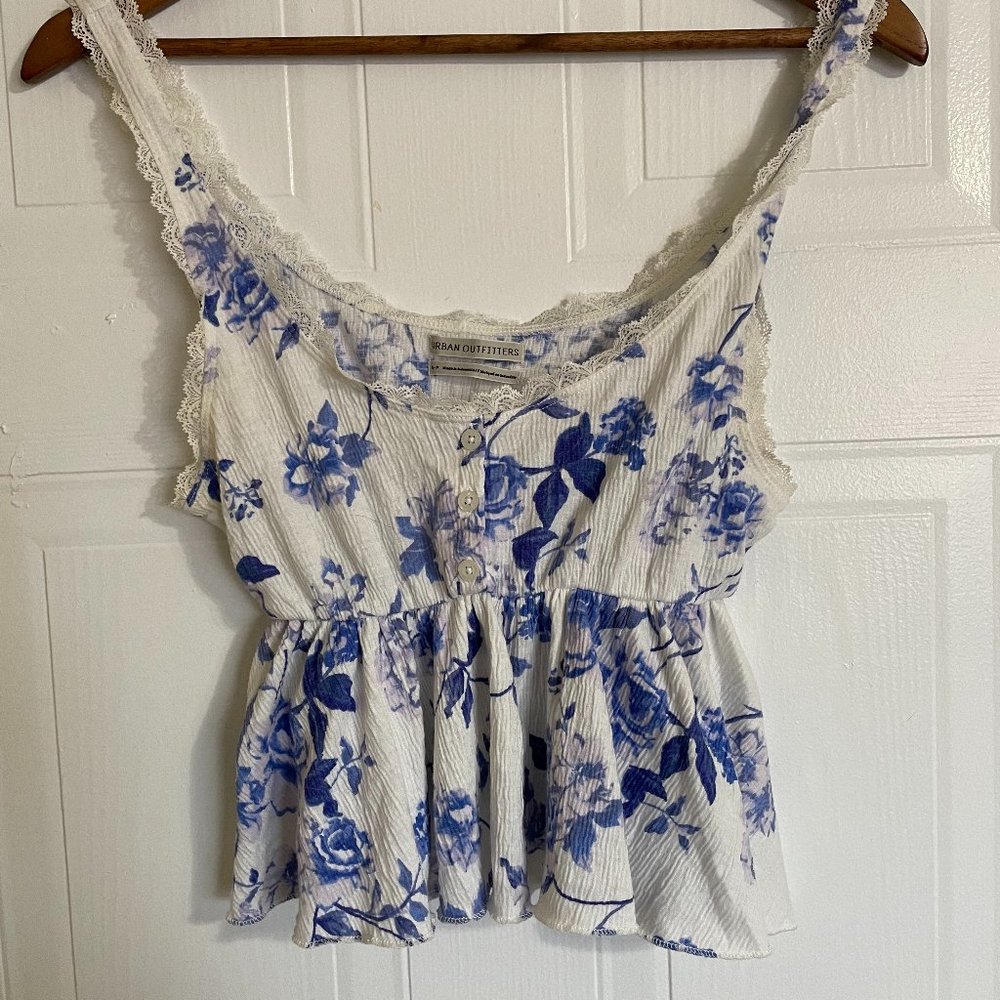 Urban Outfitters White Blue Floral Tank Top With Lace